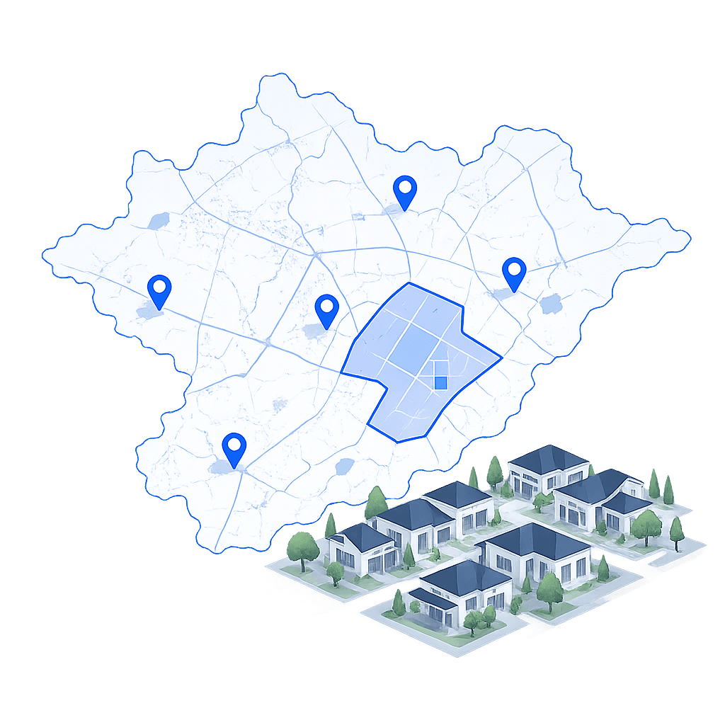 Ilustrasi peta Kabupaten Klaten dengan pin lokasi, area site plan, dan klaster perumahan