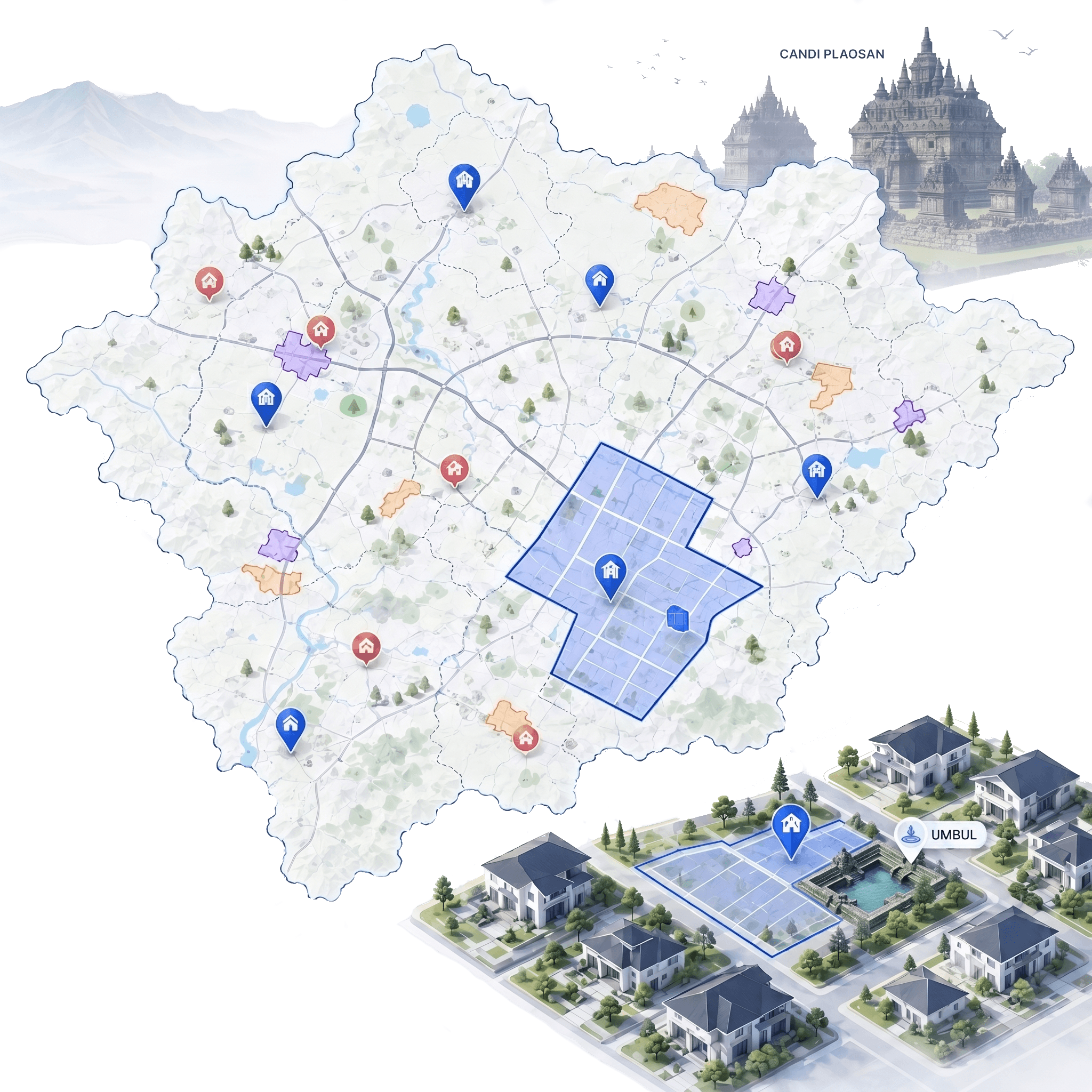 Ilustrasi peta Kabupaten Klaten dengan pin lokasi, area site plan, dan klaster perumahan